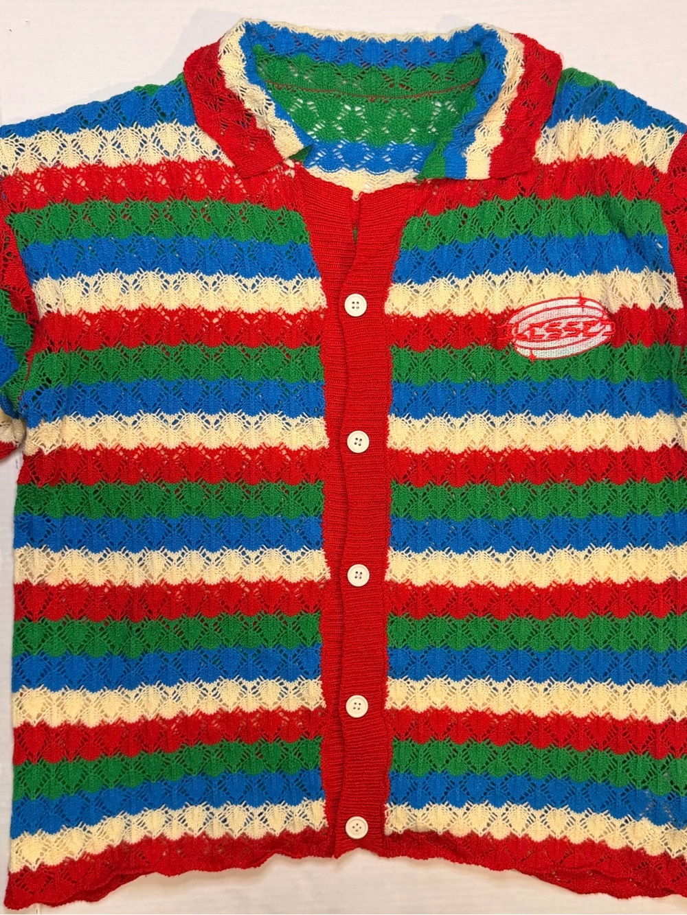 ROMWE Blue,Red, and Green Striped Knit Lightweight Short Sleeve Shirt With Patch